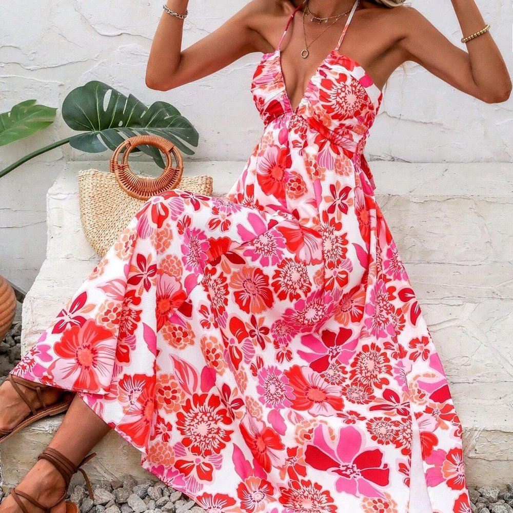 Red Boho Womens Floral Print Tie Backless Halter Neck Ruffle Hem Dress - Picture 2 of 5
